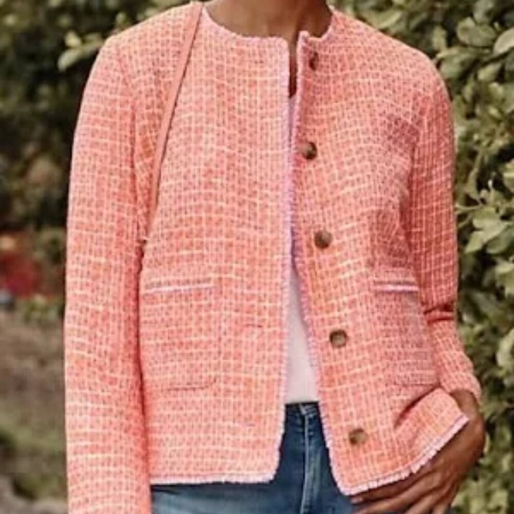 J. JILL Dahlia Tweed Fringe Orange Pink Lined Long Sleeve Jacket Blazer M